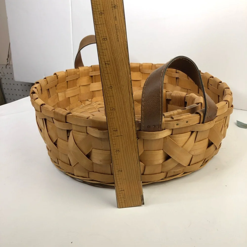 VTG Oval Wood Woven Basket Tray Faux Leather Handles w/ Round Organizer Dividers